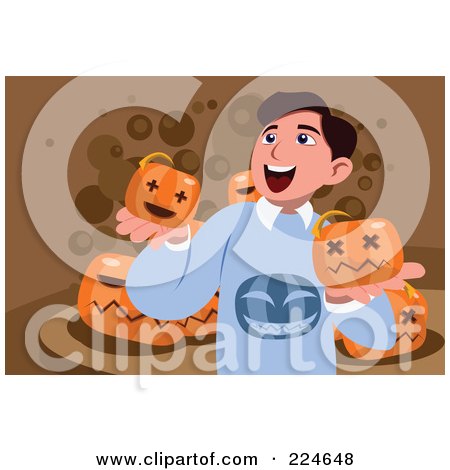 Royalty-Free (RF) Clipart Illustration of a Happy Guy Holding Halloween Pumpkins by mayawizard101