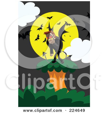 Royalty-Free (RF) Clipart Illustration of a Demonic Creature On A Tree Against A Full Moon With Bats by mayawizard101