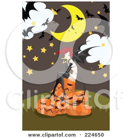 Royalty-Free (RF) Clipart Illustration of a Woman With Bat Wings, Sitting On Jackolanterns by mayawizard101