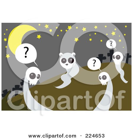 Royalty-Free (RF) Clipart Illustration of an Animal Ghost Being Observed By Skull Ghosts In A Cemetery by mayawizard101