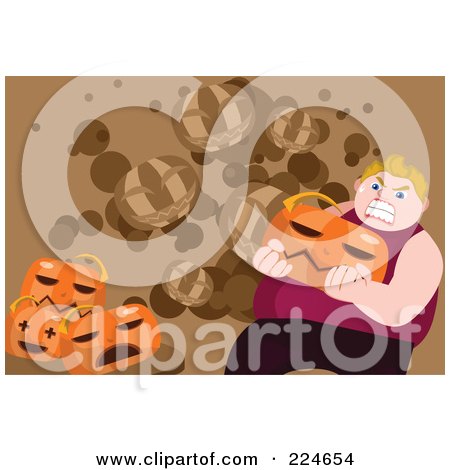 Royalty-Free (RF) Clipart Illustration of a Crazy Fat Man Carrying A Jackolantern by mayawizard101