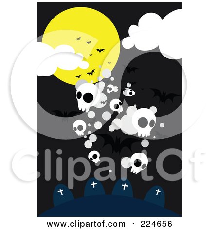 Royalty-Free (RF) Clipart Illustration of Skull Ghosts With Bats And A Full Moon Above Tombstones by mayawizard101