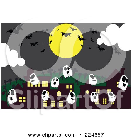 Royalty-Free (RF) Clipart Illustration of Ghosts And Bats By Buildings Under A Full Moon by mayawizard101
