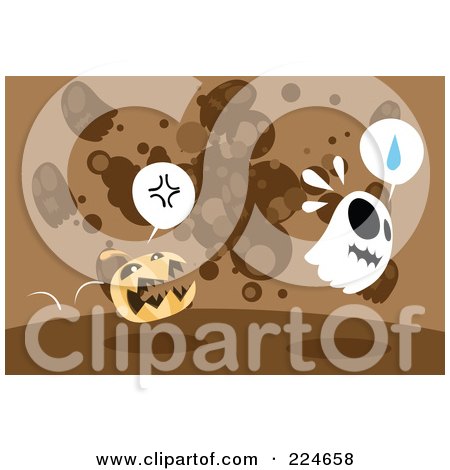 Royalty-Free (RF) Clipart Illustration of a Ghost Running Away From A Scary Jackolantern by mayawizard101
