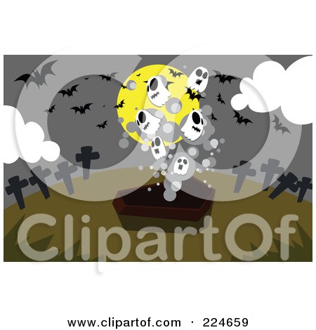 Royalty-Free (RF) Clipart Illustration of Ghosts Emerging From A Coffin, With Bats, Tombstones And A Full Moon by mayawizard101