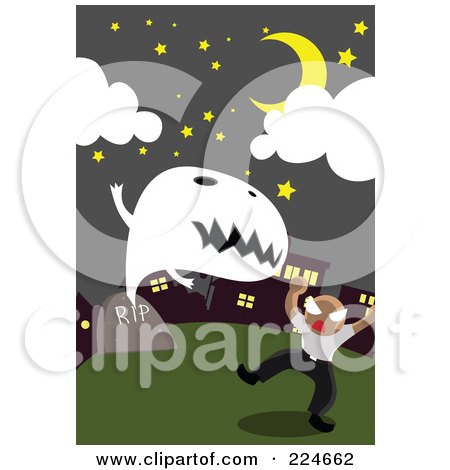 Royalty-Free (RF) Clipart Illustration of a Ghost Popping Out Of A Grave And Scaring A Man by mayawizard101