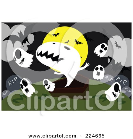 Royalty-Free (RF) Clipart Illustration of Spooky Ghosts, Headstones And A Coffin With Bats And A Full Moon by mayawizard101
