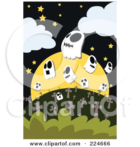 Royalty-Free (RF) Clipart Illustration of a Full Moon Over A Cemetery With Ghosts by mayawizard101