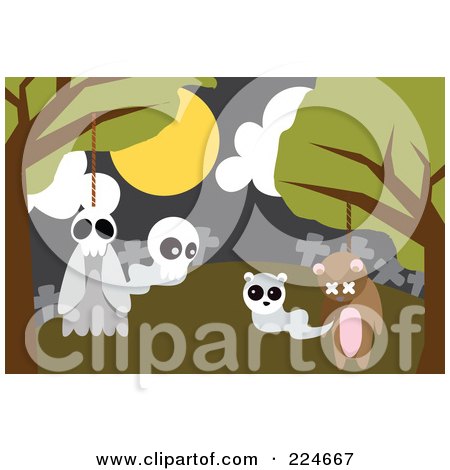 Royalty-Free (RF) Clipart Illustration of a Teddy Bear And Ghost Hanging From Nooses In Trees In A Cemetery, Their Ghosts Emerging. by mayawizard101