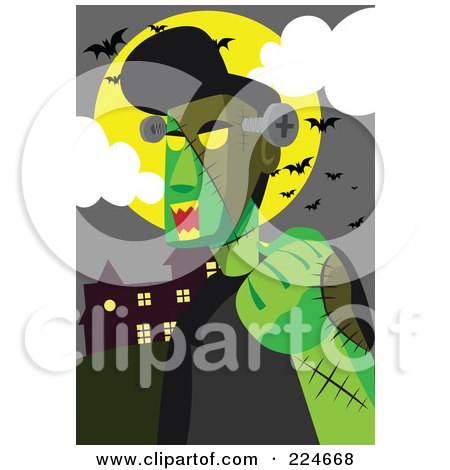 Royalty-Free (RF) Clipart Illustration of Frankenstein Under A Full Moon And Bats by mayawizard101