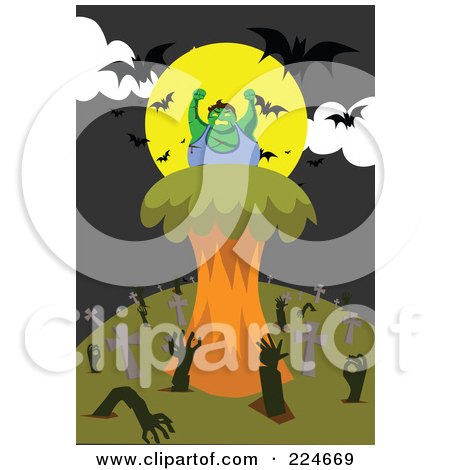 Royalty-Free (RF) Clipart Illustration of Zombies Rising From A Cemetery Under A Full Moon And Bats by mayawizard101