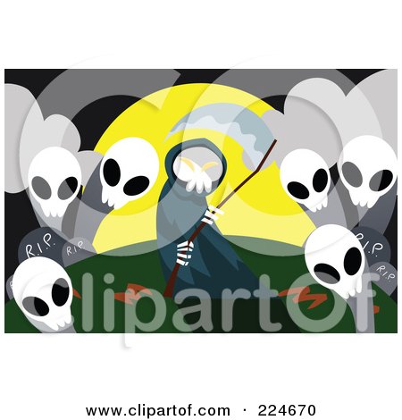 Royalty-Free (RF) Clipart Illustration of a Grim Reaper Holding A Scythe By Ghosts In A Cemetery by mayawizard101