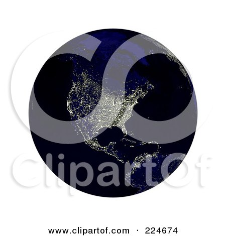 Royalty-Free (RF) Clipart Illustration of a 3d Earth With North America Lit Up At Night by oboy
