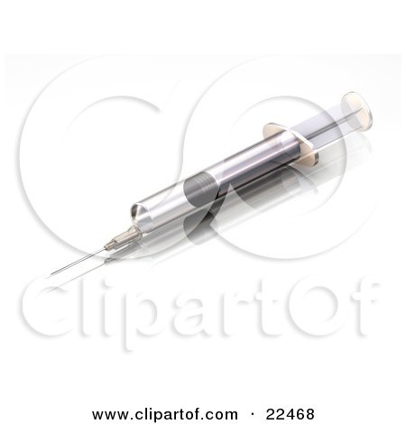 Clipart Illustration of a Clear And Empty Medical Syringe Resting On A Reflective White Counter by KJ Pargeter