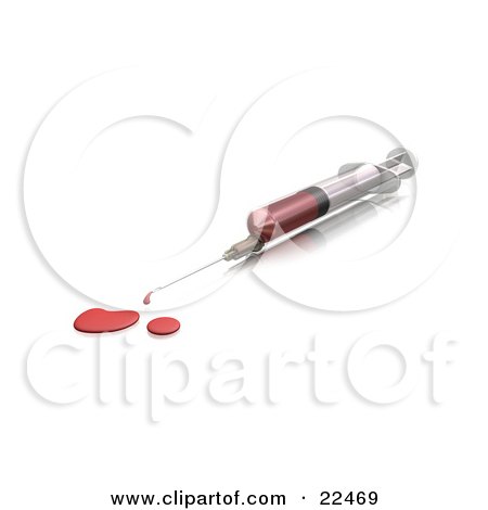 Clipart Illustration of a Medical Syringe And Needle Dripping Blood Onto A Reflective White Counter After A Blood Withdrawal by KJ Pargeter