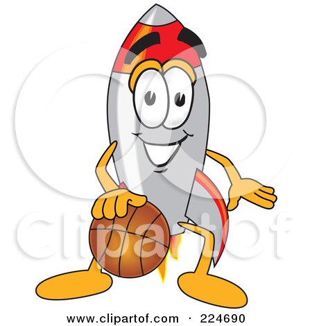 Royalty-Free (RF) Clipart Illustration of a Rocket Mascot Cartoon Character Playing Basketball by Mascot Junction