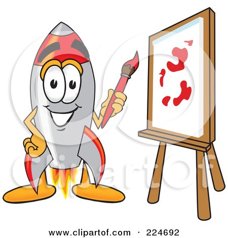 Royalty-Free (RF) Clipart Illustration of a Rocket Mascot Cartoon Character Painting A Canvas by Mascot Junction