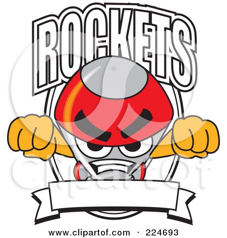 Royalty-Free (RF) Clipart Illustration of a Rocket Mascot Cartoon Character School Logo With A Blank Banner by Mascot Junction