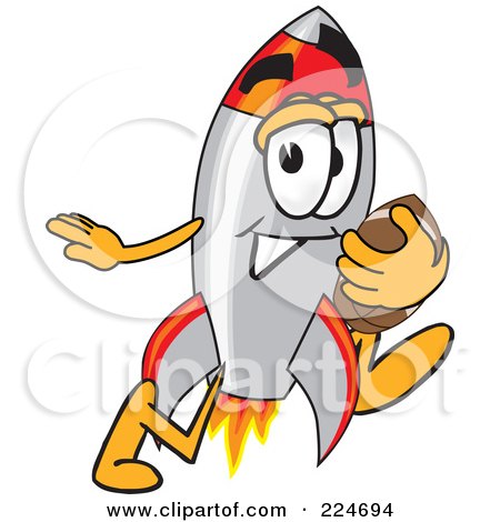 Royalty-Free (RF) Clipart Illustration of a Rocket Mascot Cartoon Character Playing Football by Mascot Junction