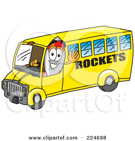 Royalty-Free (RF) Clipart Illustration of a Rocket Mascot Cartoon Character Driving A Rockets School Bus by Mascot Junction