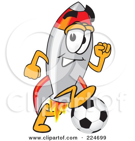Royalty-Free (RF) Clipart Illustration of a Rocket Mascot Cartoon Character Playing Soccer by Mascot Junction