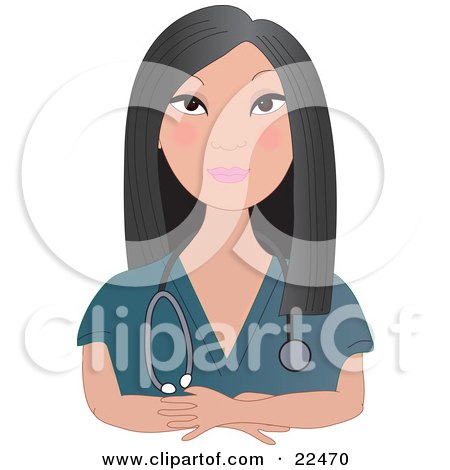 Clipart Illustration of a Confident Female Asian Doctor, Nurse Or Veterinarian With Long Black Hair, Wearing Teal Scrubs And A Stethoscope Around Her Neck, Facing Front by Maria Bell