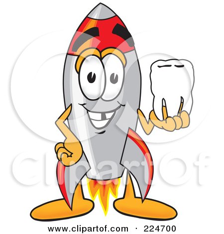 Royalty-Free (RF) Clipart Illustration of a Rocket Mascot Cartoon Character Holding A Tooth by Mascot Junction
