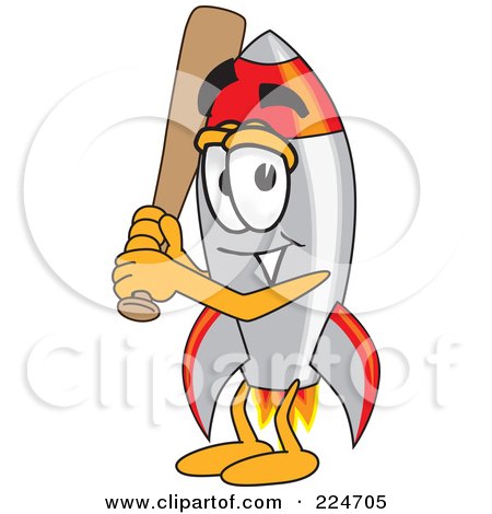 Royalty-Free (RF) Clipart Illustration of a Rocket Mascot Cartoon Character Playing Baseball by Mascot Junction