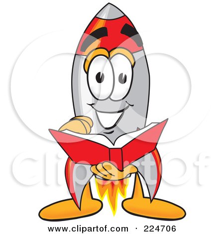 Royalty-Free (RF) Clipart Illustration of a Rocket Mascot Cartoon Character Reading A Book by Mascot Junction