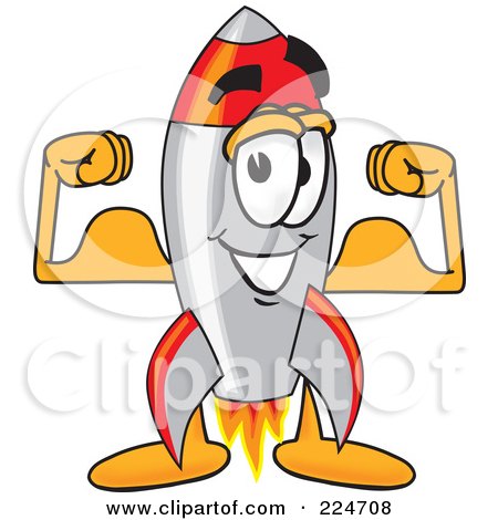 Royalty-Free (RF) Clipart Illustration of a Rocket Mascot Cartoon Character Flexing by Mascot Junction