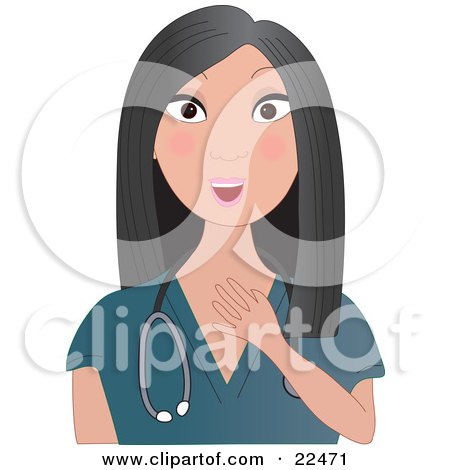 Clipart Illustration of an Energetic And Surprised Female Asian Doctor, Nurse Or Veterinarian With Long Black Hair, Wearing Teal Scrubs And A Stethoscope Around Her Neck, Facing Front by Maria Bell