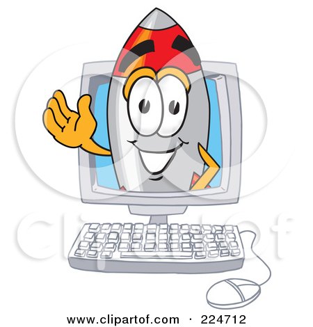 Royalty-Free (RF) Clipart Illustration of a Rocket Mascot Cartoon Character In A Computer Screen by Mascot Junction