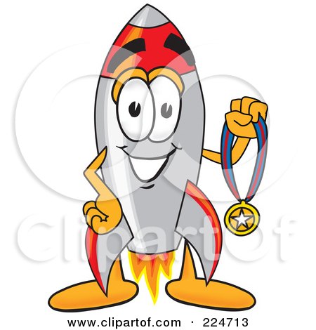 Royalty-Free (RF) Clipart Illustration of a Rocket Mascot Cartoon Character Holding A Sports Medal by Mascot Junction
