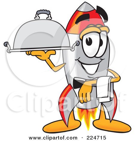 Royalty-Free (RF) Clipart Illustration of a Rocket Mascot Cartoon Character Serving A Platter by Mascot Junction