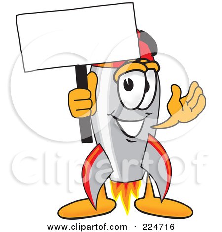 Royalty-Free (RF) Clipart Illustration of a Rocket Mascot Cartoon Character With A Blank Sign On A Pole by Mascot Junction