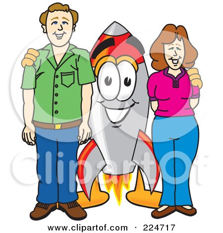 Royalty-Free (RF) Clipart Illustration of a Rocket Mascot Cartoon Character With Adults by Mascot Junction
