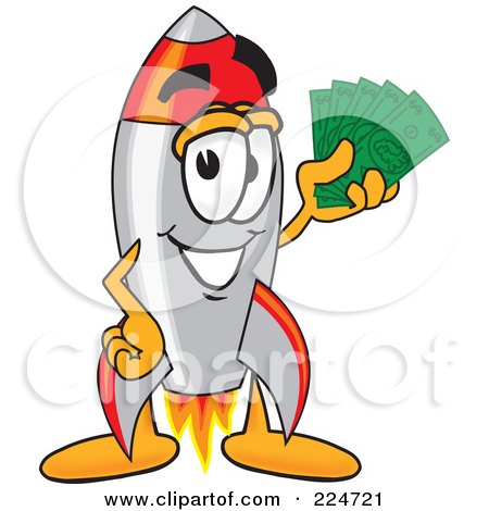 Royalty-Free (RF) Clipart Illustration of a Rocket Mascot Cartoon Character Holding Money by Mascot Junction