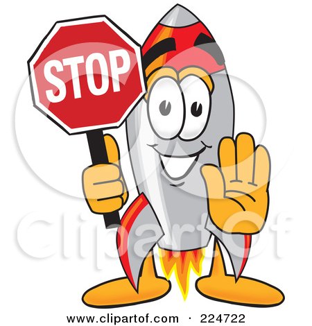 Royalty-Free (RF) Clipart Illustration of a Rocket Mascot Cartoon Character Holding A Stop Sign by Mascot Junction