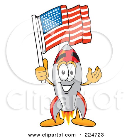 Royalty-Free (RF) Clipart Illustration of a Rocket Mascot Cartoon Character With An American Flag by Mascot Junction