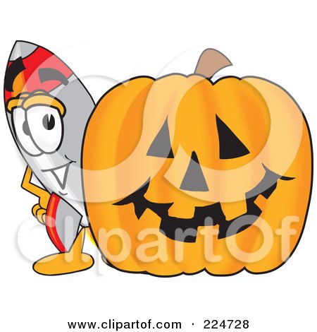 Royalty-Free (RF) Clipart Illustration of a Rocket Mascot Cartoon Character With A Halloween Pumpkin by Mascot Junction