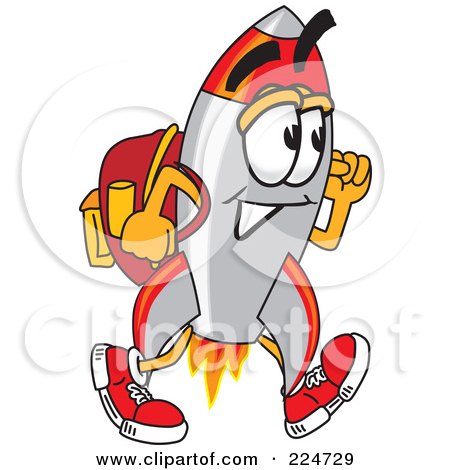 Royalty-Free (RF) Clipart Illustration of a Rocket Mascot Cartoon Character Student Walking by Mascot Junction