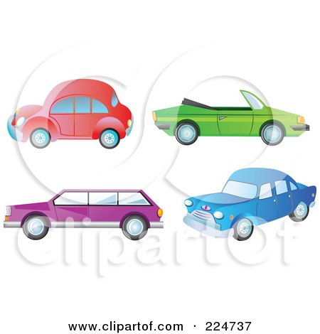 Royalty-Free (RF) Clipart Illustration of a Digital Collage Of Red, Green, Purple And Blue Cars by Prawny