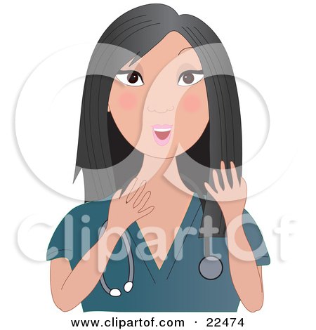 Clipart Illustration of a Talkative Female Asian Doctor, Nurse Or Veterinarian With Long Black Hair, Wearing Teal Scrubs And A Stethoscope Around Her Neck, Gesturing With Her Hands by Maria Bell
