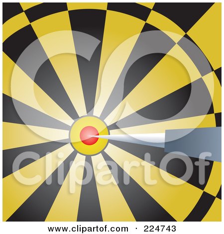 Royalty-Free (RF) Clipart Illustration of a Dart In The Bullseye Of A Yellow And Black Dart Board by Prawny