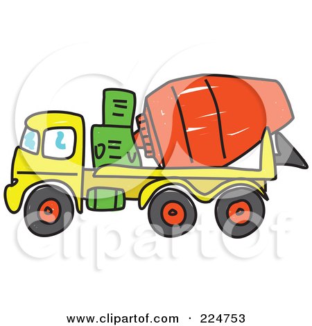 Royalty-Free (RF) Clipart Illustration of a Sketched Yellow, Green And Red Cement Mixer by Prawny
