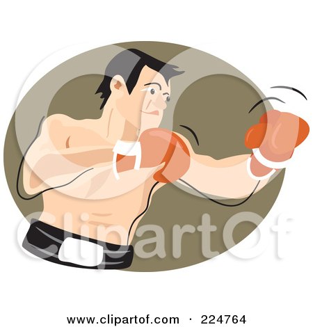 Royalty-Free (RF) Clipart Illustration of a Male Boxer In Orange Gloves Over A Tan Oval by Prawny