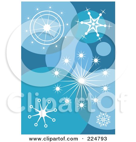 Royalty-Free (RF) Clipart Illustration of a Background Of White Snowflakes And Blue Bubbles by Prawny