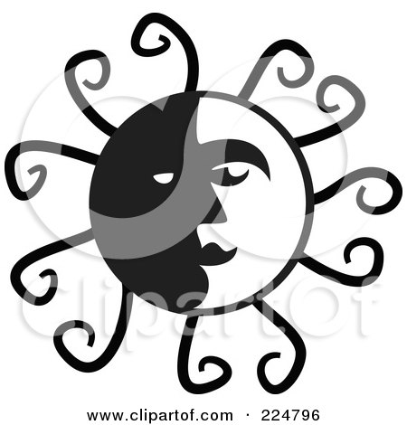 Royalty-Free (RF) Clipart Illustration of a Black And White Sun Face With Spirals by Prawny