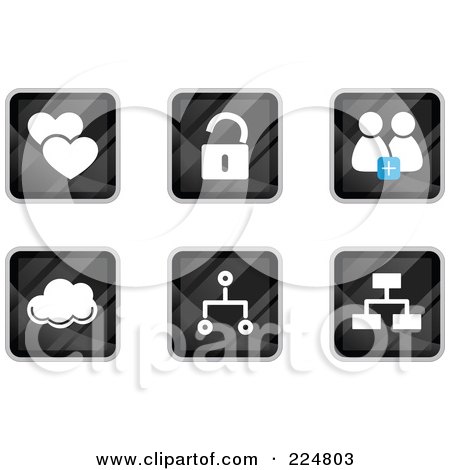 Royalty-Free (RF) Clipart Illustration of a Digital Collage Of Black Square Heart, Padlock, Chat, Cloud, And Network App Icons by Qiun