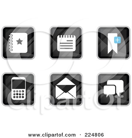 Royalty-Free (RF) Clipart Illustration of a Digital Collage Of Black Square Notepad, Contact, Calculator, Email And Messenger App Icons by Qiun